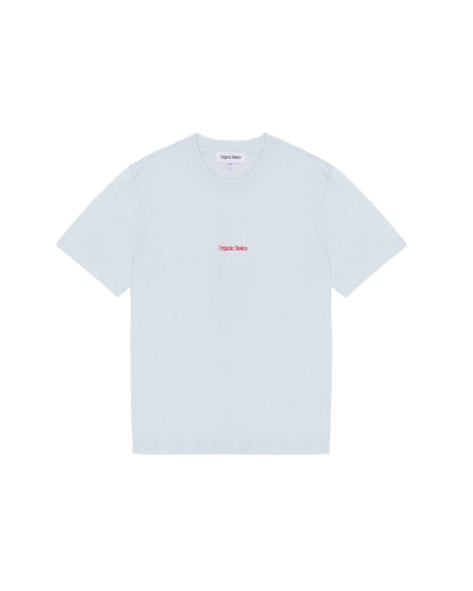 เสื้อยืด True Logo Tee สี Light Blue ทรงบ็อกซี่ แขนสั้น คอกลม ทำจากผ้าฝ้ายออร์แกนิก 100% เนื้อหนา 210 gsm พร้อมโลโก้ Organic Basics ที่ด้านหน้า – True Logo Tee in Light Blue, boxy crewneck short-sleeve T-shirt made from 100% heavyweight organic cotton with Organic Basics logo – sold by Old Pine Trees
