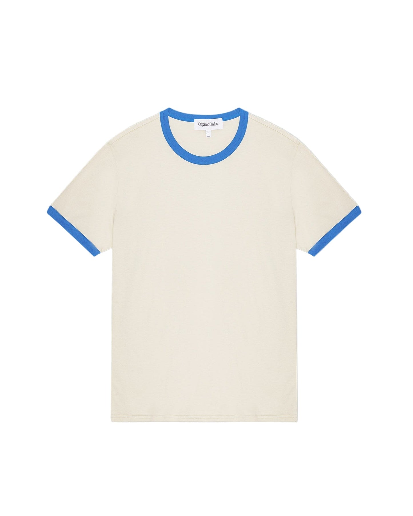 เสื้อยืด Core Play Ringer Tee สี Sandstone / Azure Blue ผลิตจากผ้าฝ้ายออร์แกนิก 100% ดีเทลคอและแขนตัดสีสองโทน สไตล์มินิมอลสดใส ขายโดย Old Pine Trees | Core Play Ringer Tee Sandstone / Azure Blue made with 100% organic cotton, two-tone neckline and sleeve detail, minimal and playful design. Sold by Old Pine Trees.