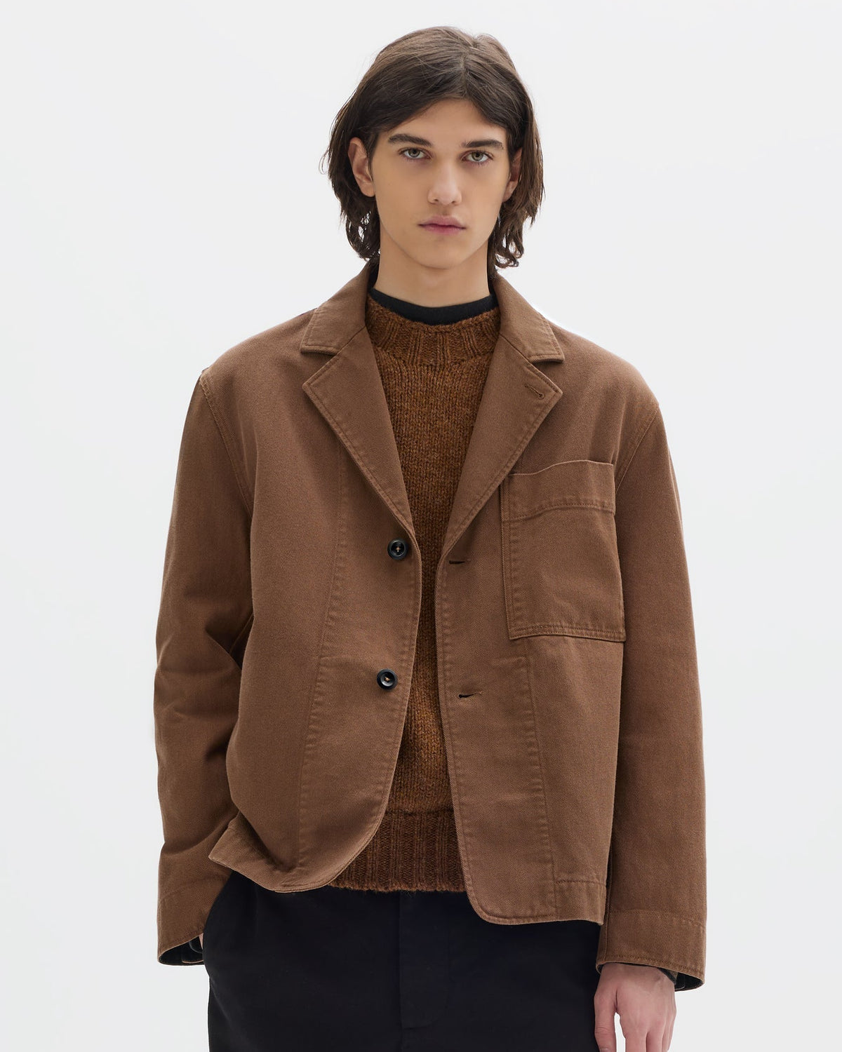 MHL. Minimal Blazer — relaxed-cut heavyweight cotton drill blazer with corozo buttons, patch pocket, contrast tape. 100% cotton, colours exclusive to MHL. | oldpinetreeswear