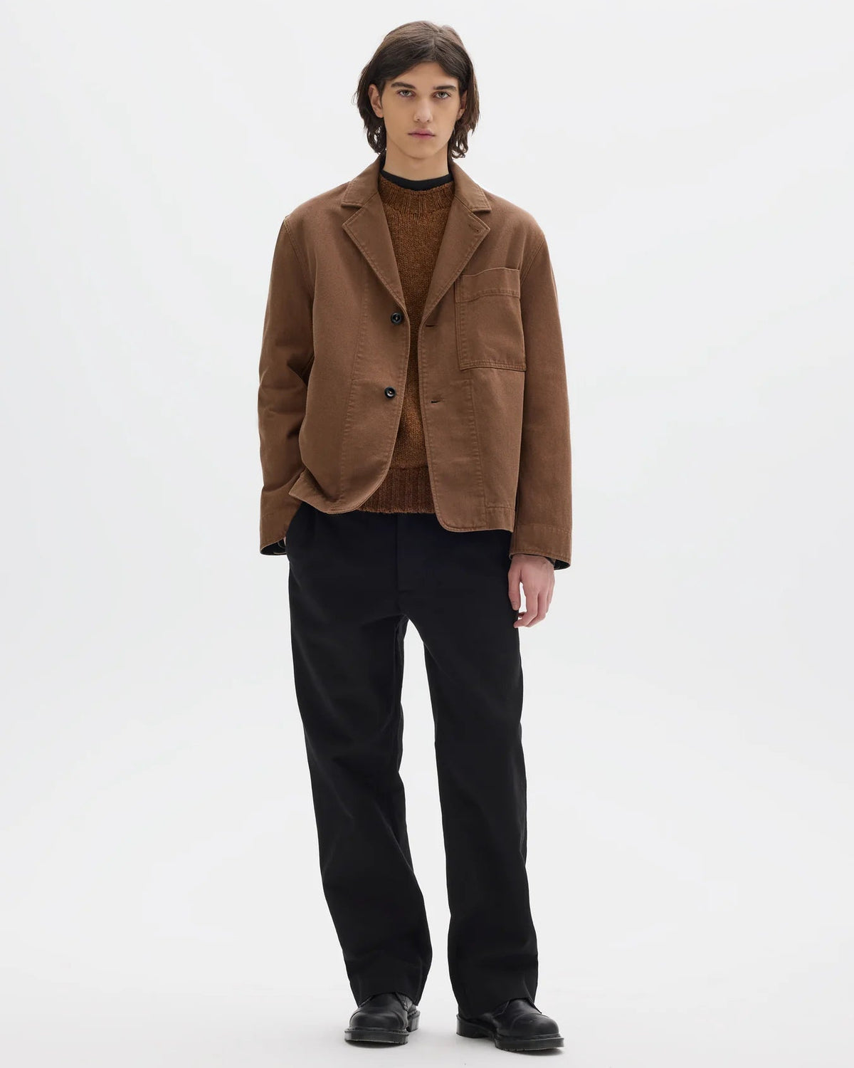 MHL. Minimal Blazer — relaxed-cut heavyweight cotton drill blazer with corozo buttons, patch pocket, contrast tape. 100% cotton, colours exclusive to MHL. | oldpinetreeswear