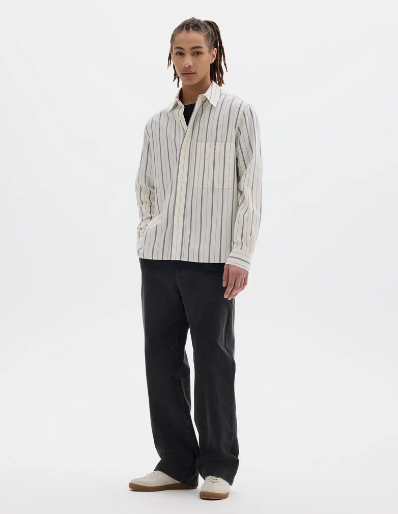 MHL. Overall Shirt Japanese Wide Stripe Cotton Blend Off White / Navy