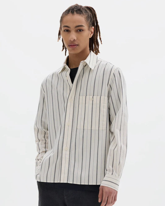 MHL. Overall Shirt Japanese Wide Stripe Cotton Blend Off White / Navy