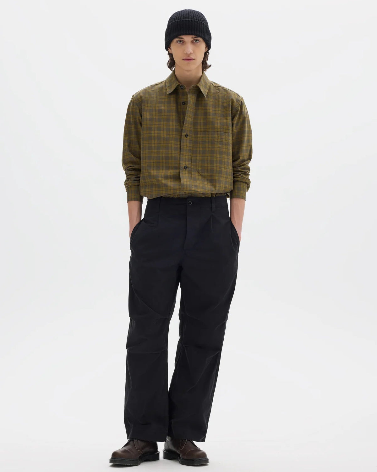 MHL. Parachute Trousers — relaxed-cut cotton poplin with pleated knee detailing, corozo buttons, drawstring waist. 100% cotton, made for movement. | oldpinetreeswear