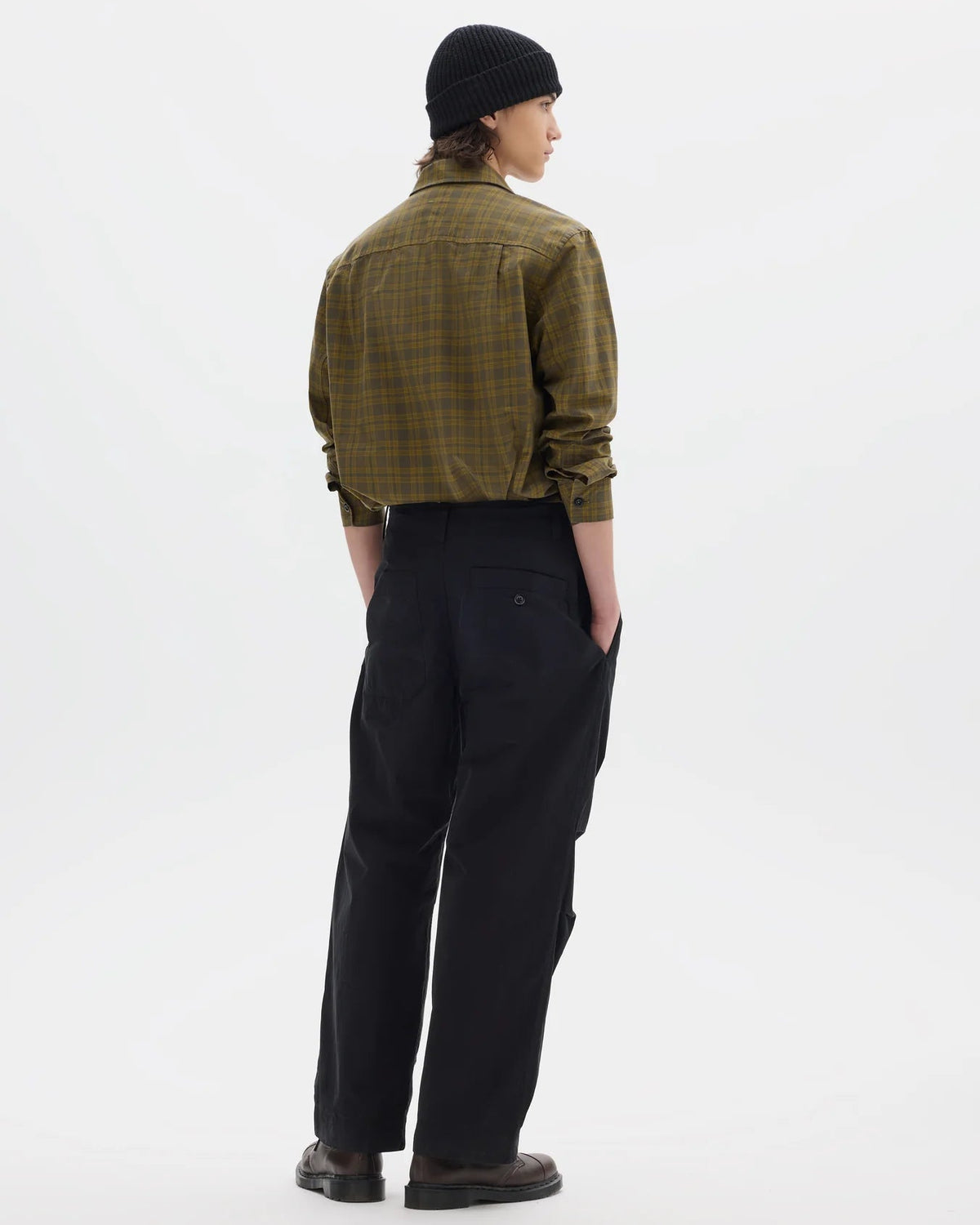 MHL. Parachute Trousers — relaxed-cut cotton poplin with pleated knee detailing, corozo buttons, drawstring waist. 100% cotton, made for movement. | oldpinetreeswear