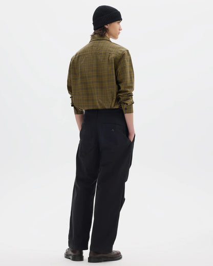 MHL. Parachute Trousers — relaxed-cut cotton poplin with pleated knee detailing, corozo buttons, drawstring waist. 100% cotton, made for movement. | oldpinetreeswear