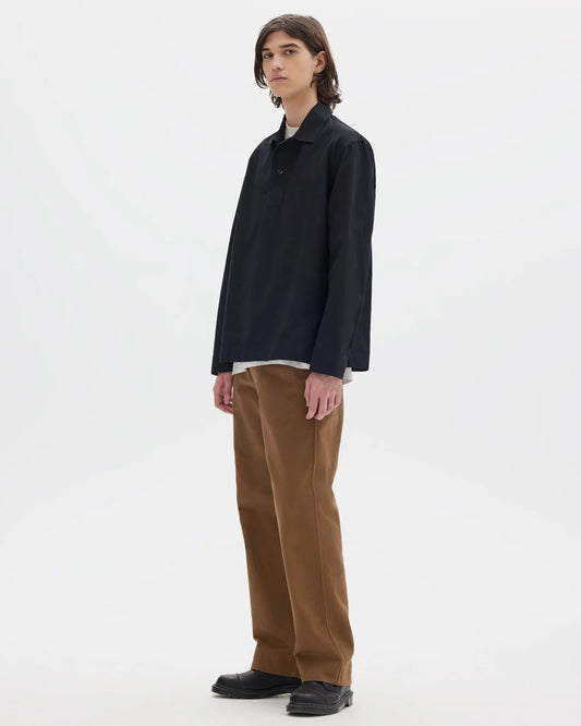 MHL. / Long Sleeve Offset Placket Polo Shirt Denim Plainweave / Black