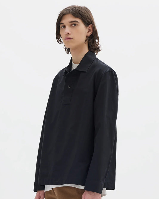 MHL. / Long Sleeve Offset Placket Polo Shirt Denim Plainweave / Black