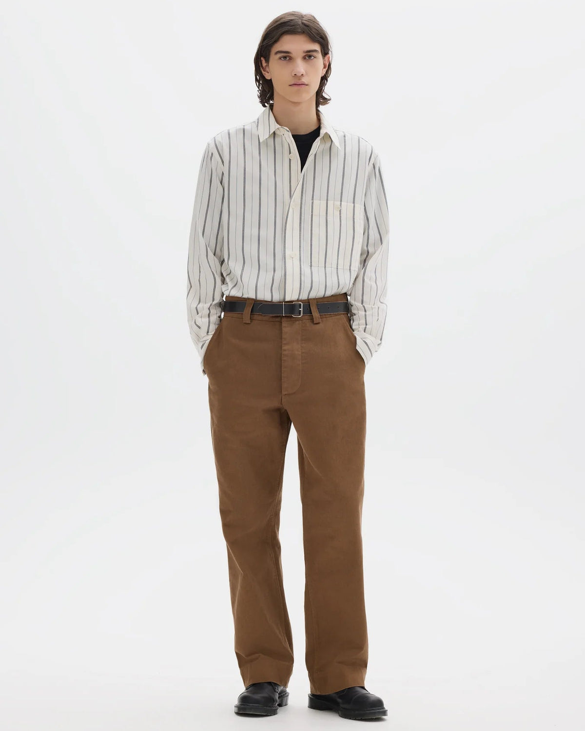 MHL. Simple Trousers — regular-cut heavyweight cotton drill trousers with corozo buttons, welt pockets. 100% cotton, colours exclusive to MHL.