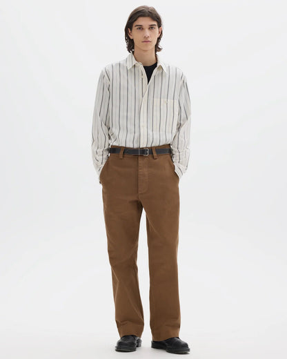 MHL. Simple Trousers — regular-cut heavyweight cotton drill trousers with corozo buttons, welt pockets. 100% cotton, colours exclusive to MHL.