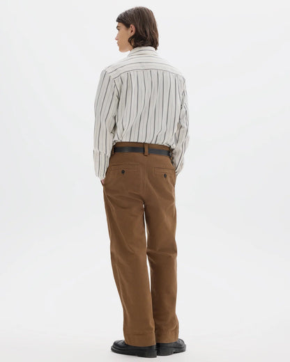 MHL. Simple Trousers — regular-cut heavyweight cotton drill trousers with corozo buttons, welt pockets. 100% cotton, colours exclusive to MHL.