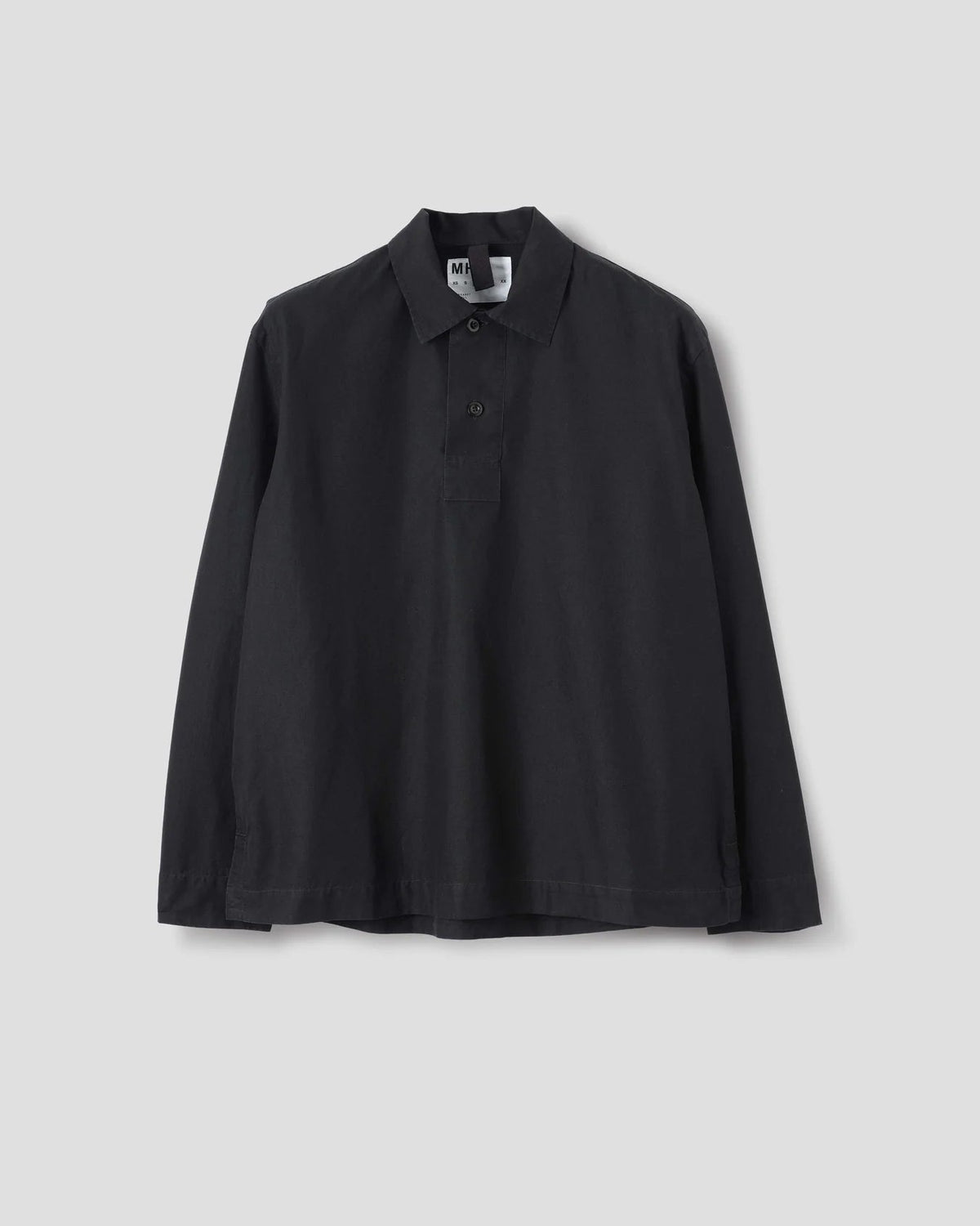 MHL. / Long Sleeve Offset Placket Polo Shirt Denim Plainweave / Black