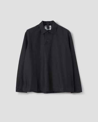 MHL. / Long Sleeve Offset Placket Polo Shirt Denim Plainweave / Black
