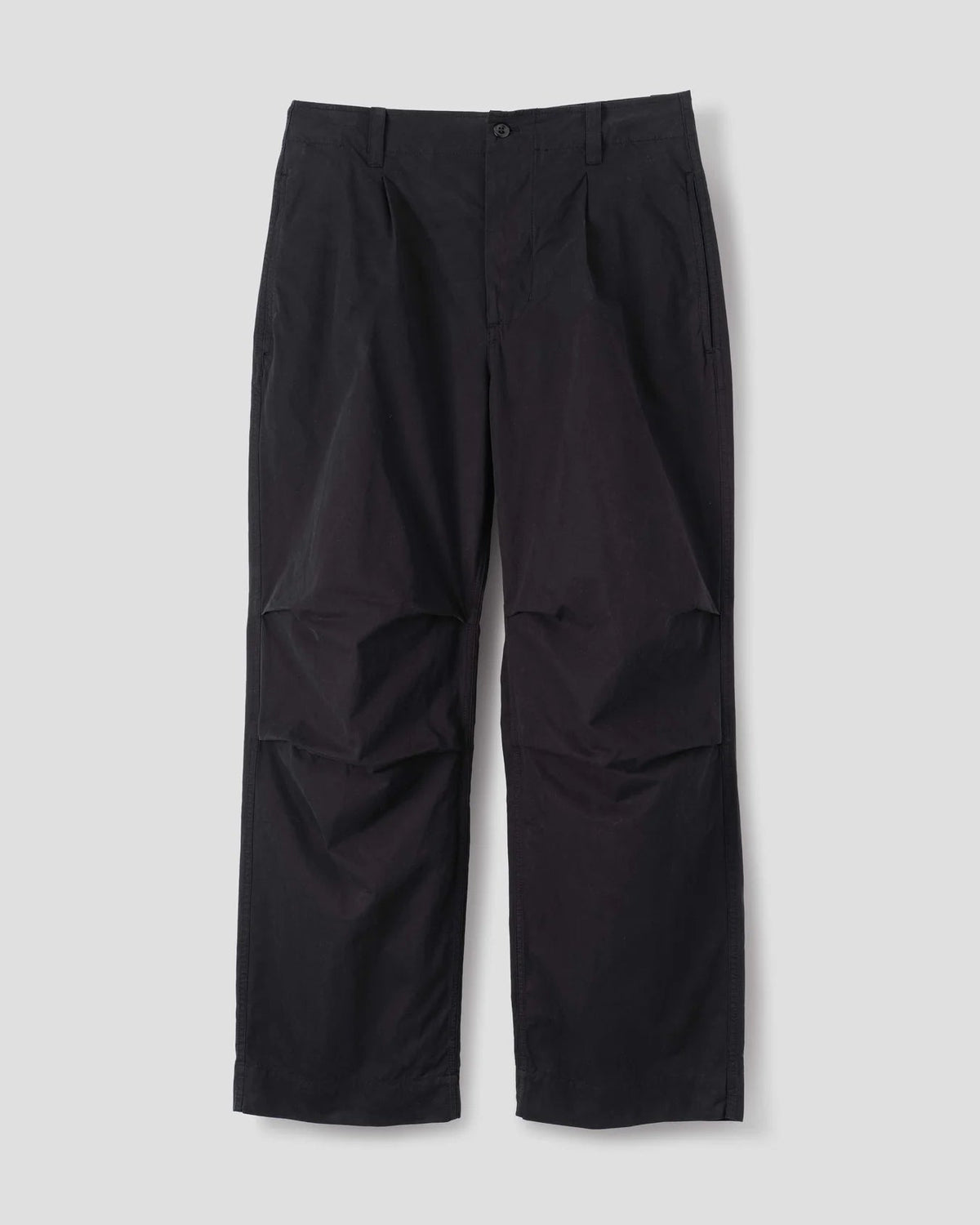MHL. Parachute Trousers — relaxed-cut cotton poplin with pleated knee detailing, corozo buttons, drawstring waist. 100% cotton, made for movement. | oldpinetreeswear
