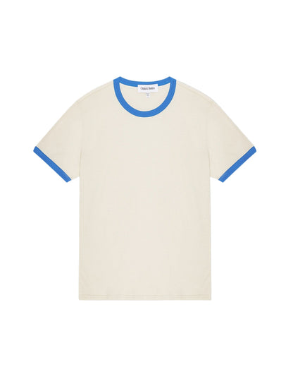 เสื้อยืด Core Play Ringer Tee สี Sandstone / Azure Blue ผลิตจากผ้าฝ้ายออร์แกนิก 100% ดีเทลคอและแขนตัดสีสองโทน สไตล์มินิมอลสดใส ขายโดย Old Pine Trees | Core Play Ringer Tee Sandstone / Azure Blue made with 100% organic cotton, two-tone neckline and sleeve detail, minimal and playful design. Sold by Old Pine Trees.
